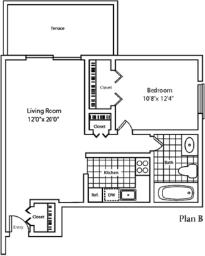 Floor plan for 1 bed, 1 bath, 660 sqft